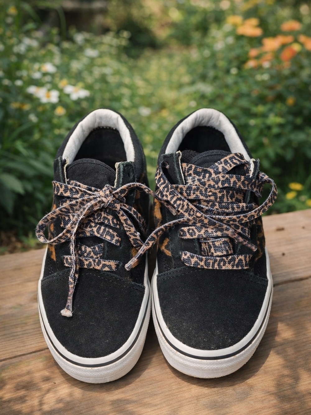 Vans Kids Black Sneakers with Leopard-Print Laces